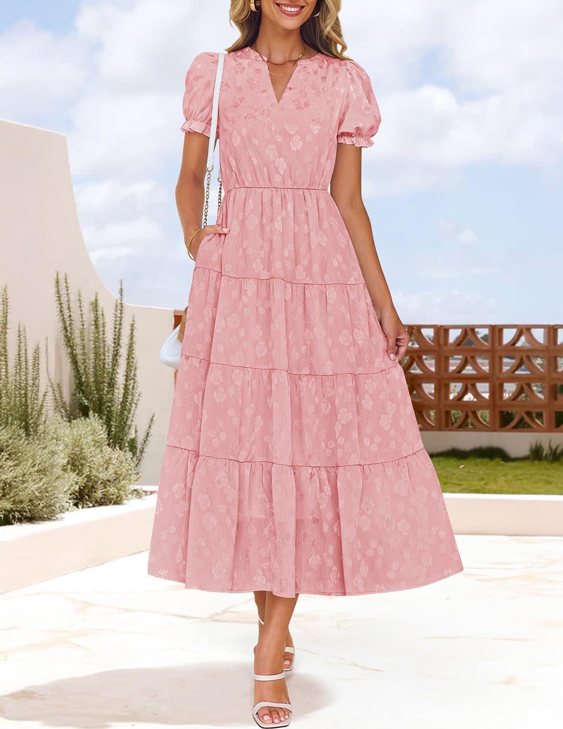 imageZESICA Womens 2026 Summer Puff Short Sleeve Midi Dress Floral V Neck Textured Ruffle Flowy Beach Party DressesPink