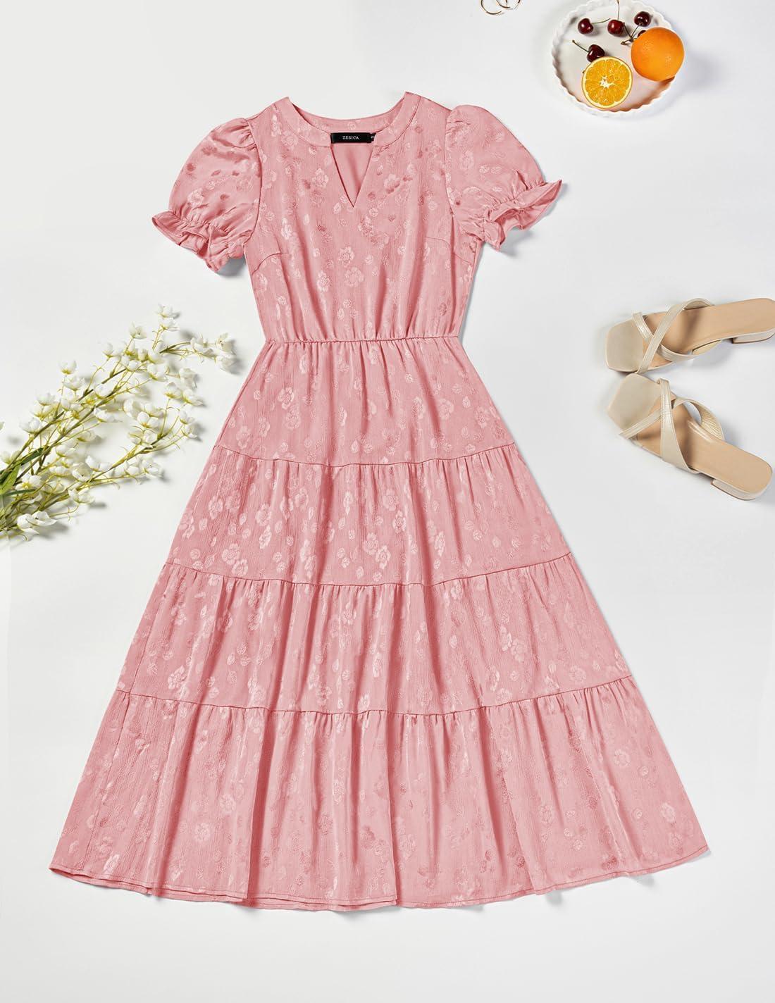 imageZESICA Womens 2026 Summer Puff Short Sleeve Midi Dress Floral V Neck Textured Ruffle Flowy Beach Party DressesPink