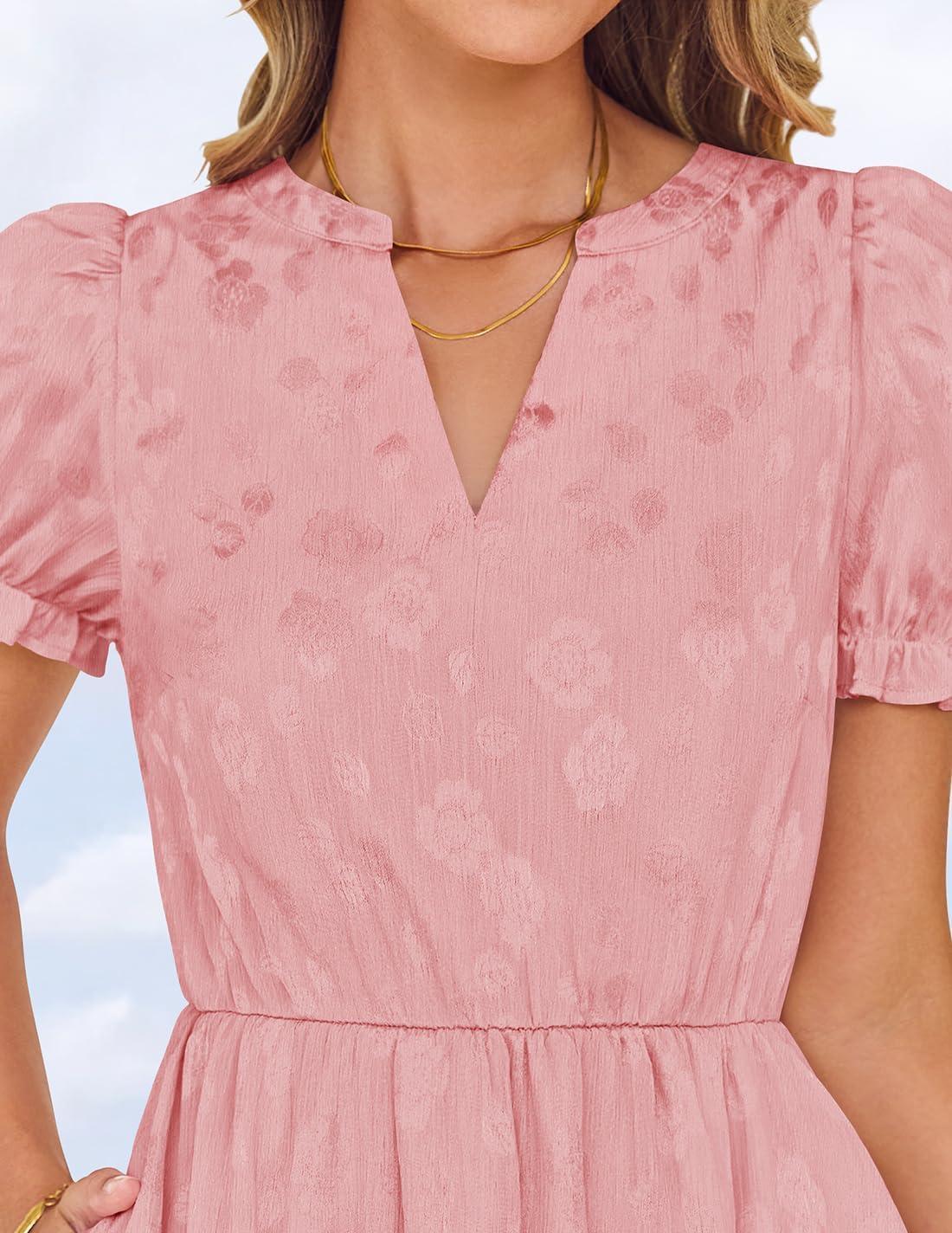 imageZESICA Womens 2026 Summer Puff Short Sleeve Midi Dress Floral V Neck Textured Ruffle Flowy Beach Party DressesPink