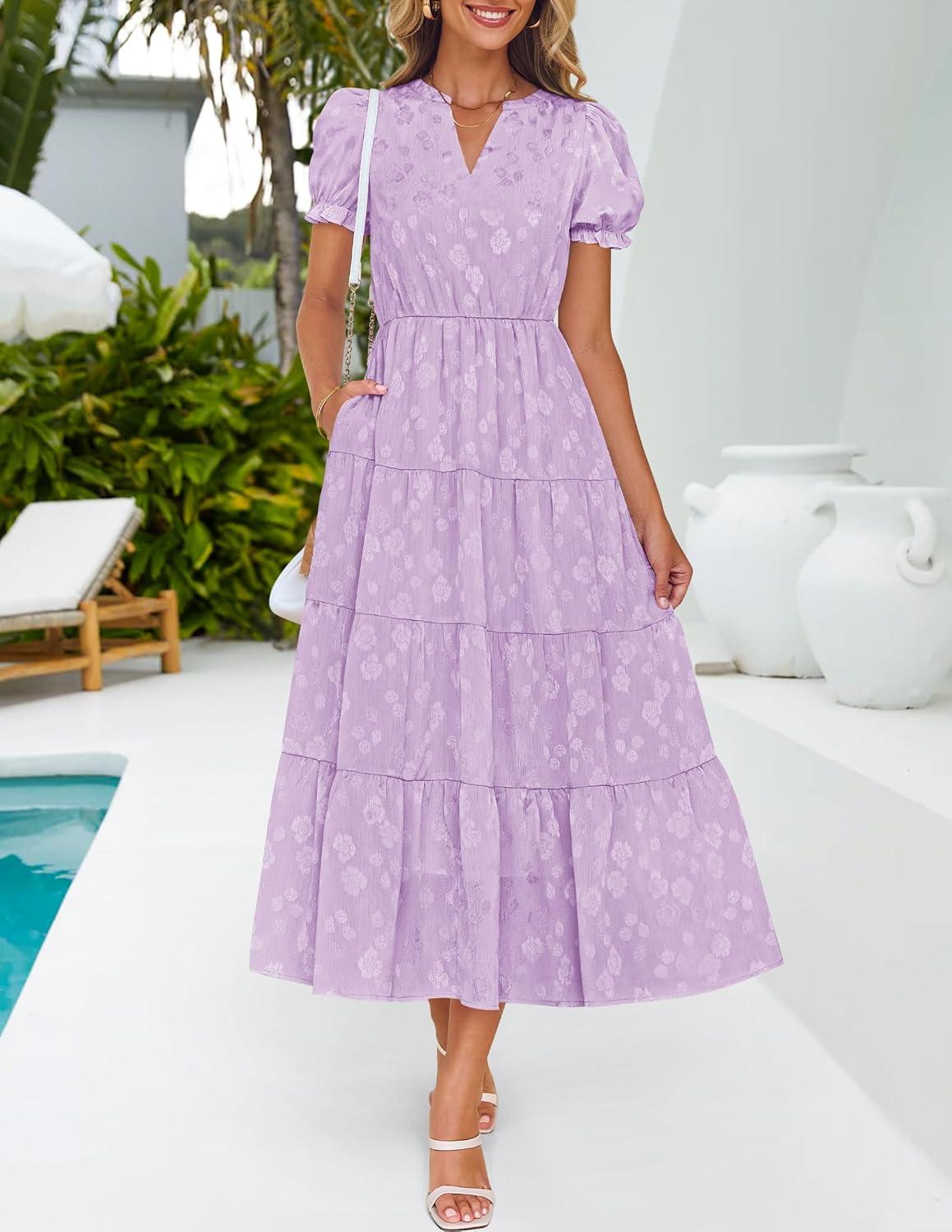 imageZESICA Womens 2026 Summer Puff Short Sleeve Midi Dress Floral V Neck Textured Ruffle Flowy Beach Party DressesPurple