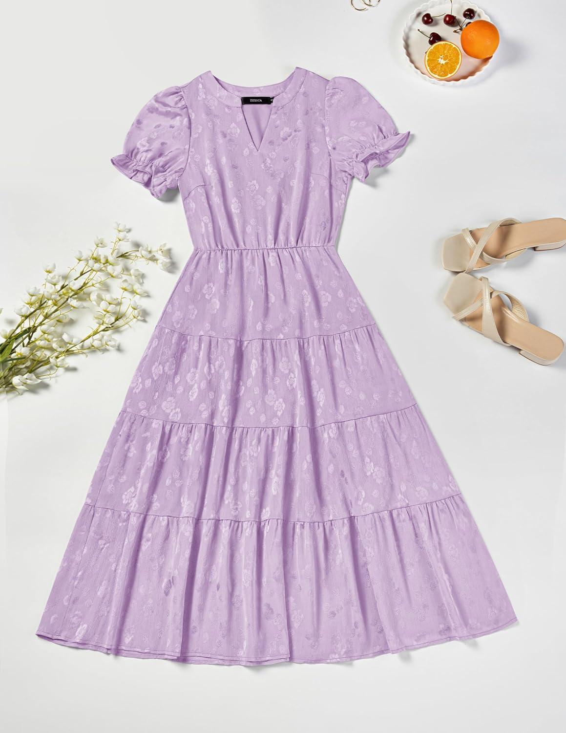 imageZESICA Womens 2026 Summer Puff Short Sleeve Midi Dress Floral V Neck Textured Ruffle Flowy Beach Party DressesPurple
