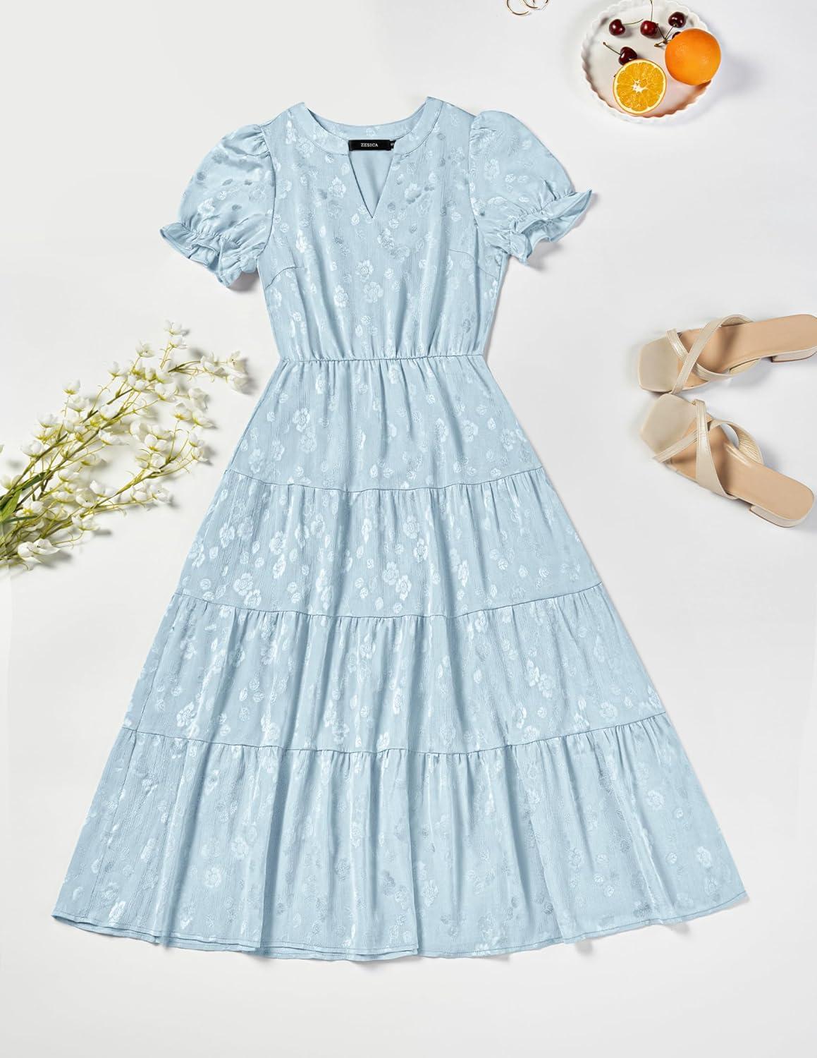 imageZESICA Womens 2026 Summer Puff Short Sleeve Midi Dress Floral V Neck Textured Ruffle Flowy Beach Party DressesSky