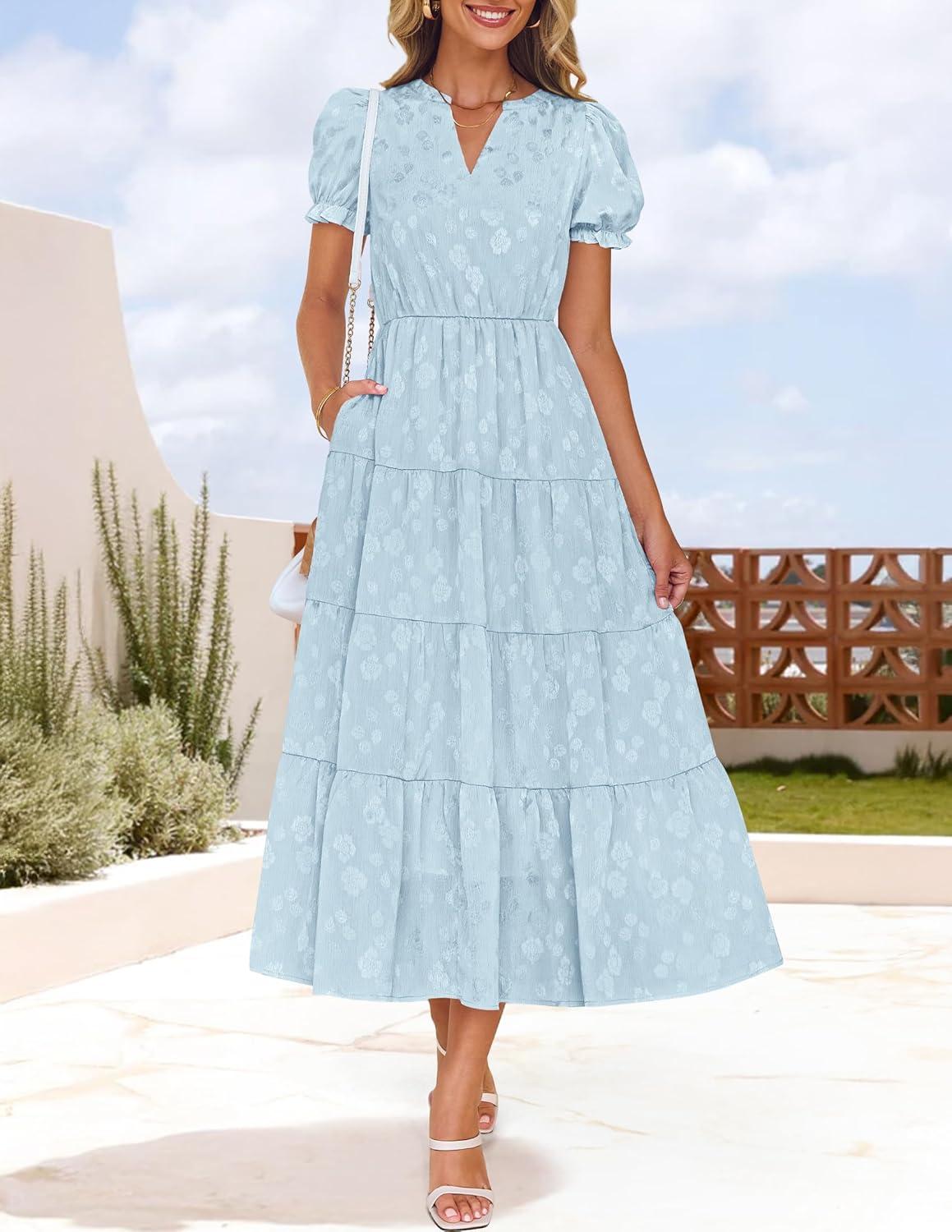 imageZESICA Womens 2026 Summer Puff Short Sleeve Midi Dress Floral V Neck Textured Ruffle Flowy Beach Party DressesSky