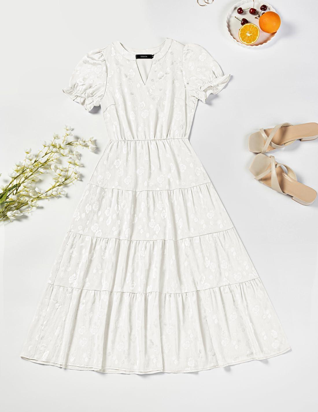 imageZESICA Womens 2026 Summer Puff Short Sleeve Midi Dress Floral V Neck Textured Ruffle Flowy Beach Party DressesWhite