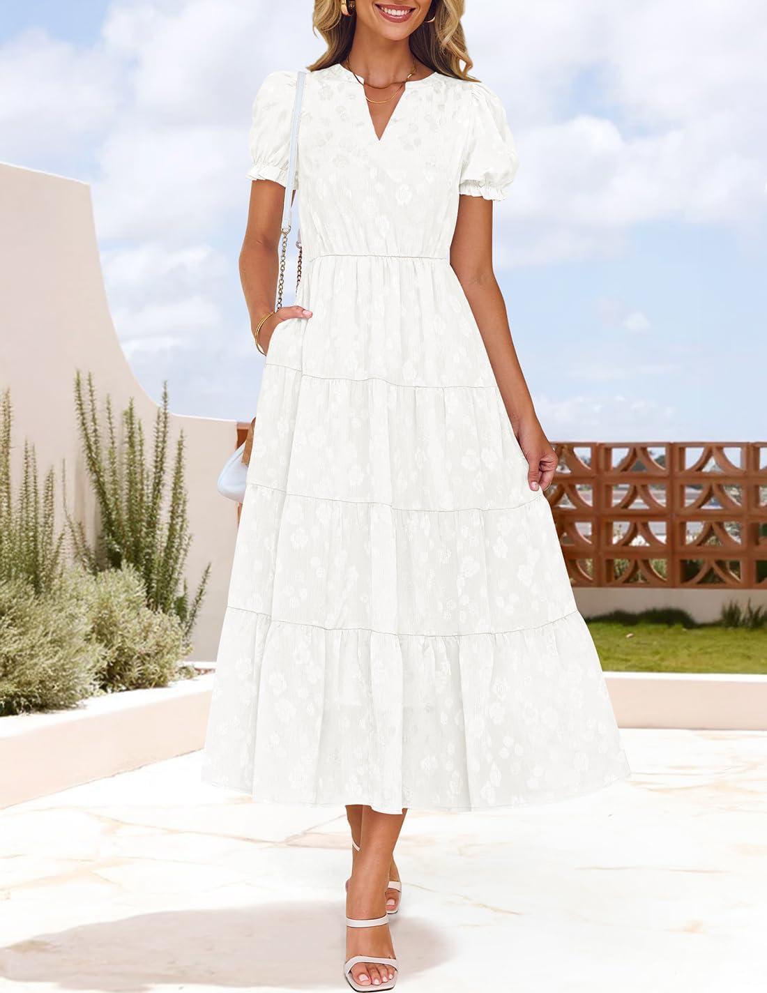 imageZESICA Womens 2026 Summer Puff Short Sleeve Midi Dress Floral V Neck Textured Ruffle Flowy Beach Party DressesWhite