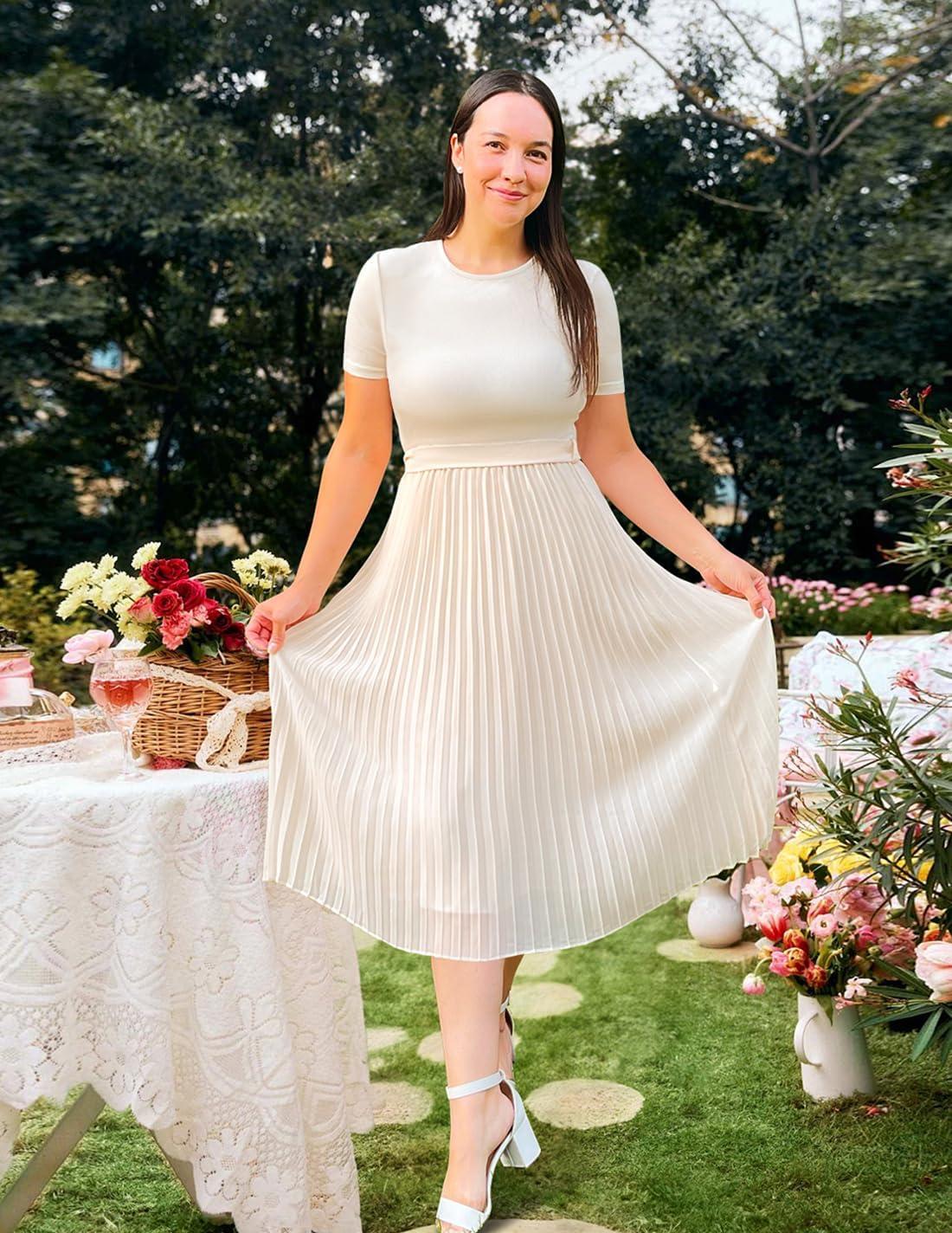 imageZESICA Womens 2026 Summer Short Sleeve Midi Dresses Casual Crew Neck Knit Belted Pleated A Line Flowy Wedding Guest DressApricot