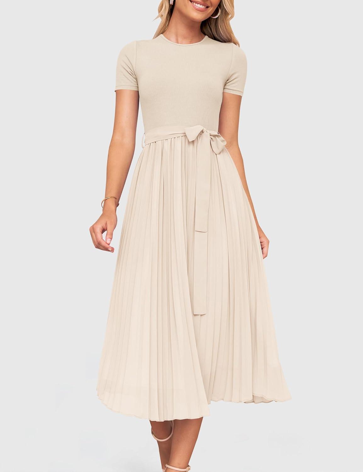 imageZESICA Womens 2026 Summer Short Sleeve Midi Dresses Casual Crew Neck Knit Belted Pleated A Line Flowy Wedding Guest DressApricot