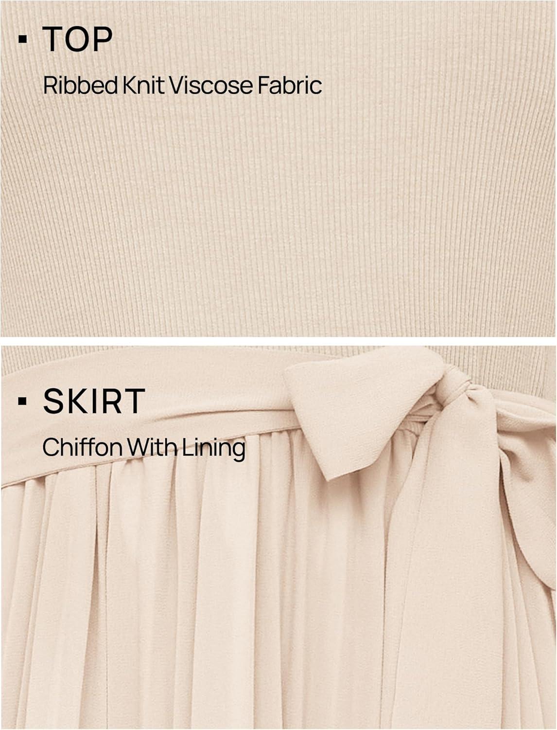 imageZESICA Womens 2026 Summer Short Sleeve Midi Dresses Casual Crew Neck Knit Belted Pleated A Line Flowy Wedding Guest DressApricot