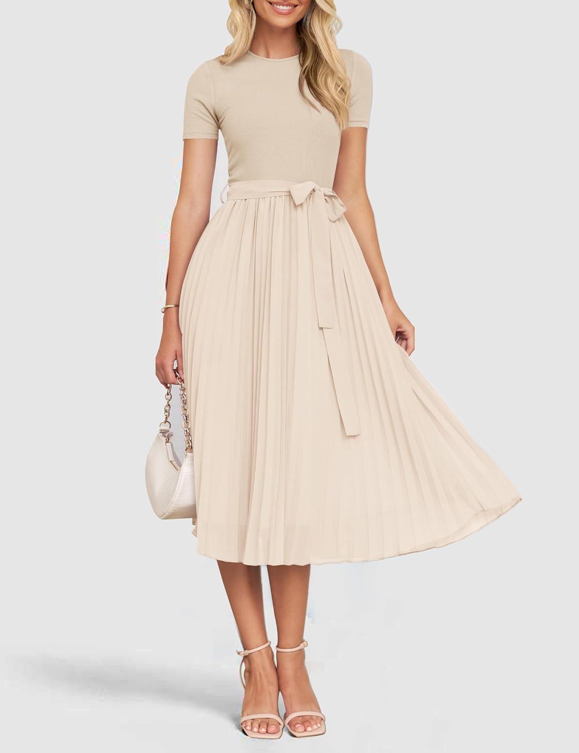 imageZESICA Womens 2026 Summer Short Sleeve Midi Dresses Casual Crew Neck Knit Belted Pleated A Line Flowy Wedding Guest DressApricot