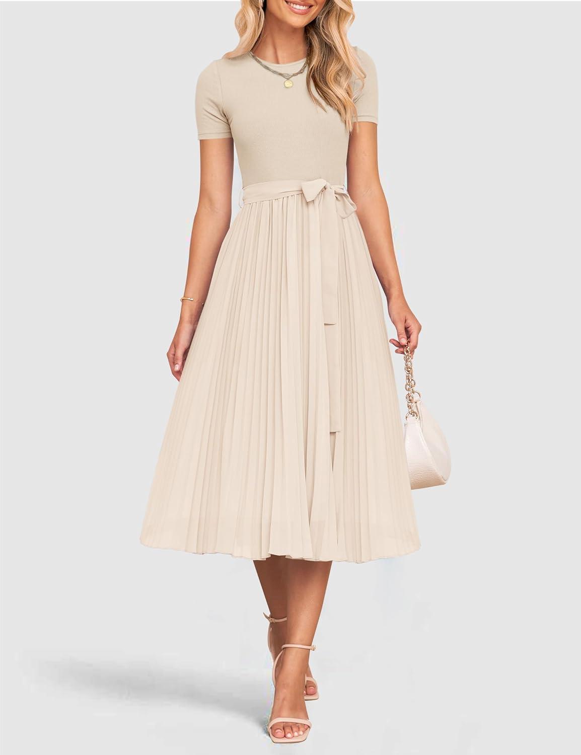 imageZESICA Womens 2026 Summer Short Sleeve Midi Dresses Casual Crew Neck Knit Belted Pleated A Line Flowy Wedding Guest DressApricot