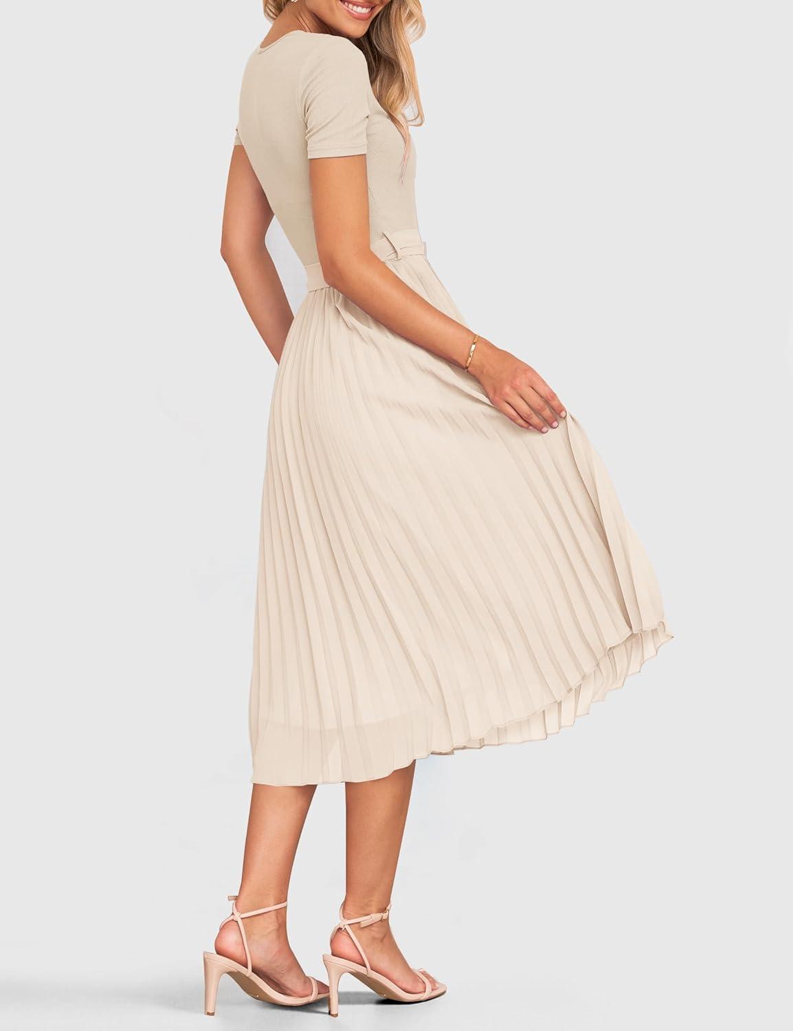 imageZESICA Womens 2026 Summer Short Sleeve Midi Dresses Casual Crew Neck Knit Belted Pleated A Line Flowy Wedding Guest DressApricot