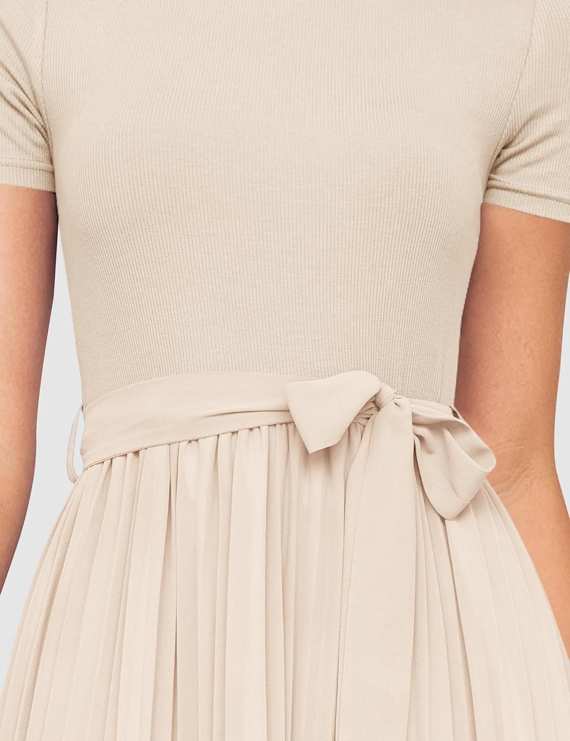 imageZESICA Womens 2026 Summer Short Sleeve Midi Dresses Casual Crew Neck Knit Belted Pleated A Line Flowy Wedding Guest DressApricot