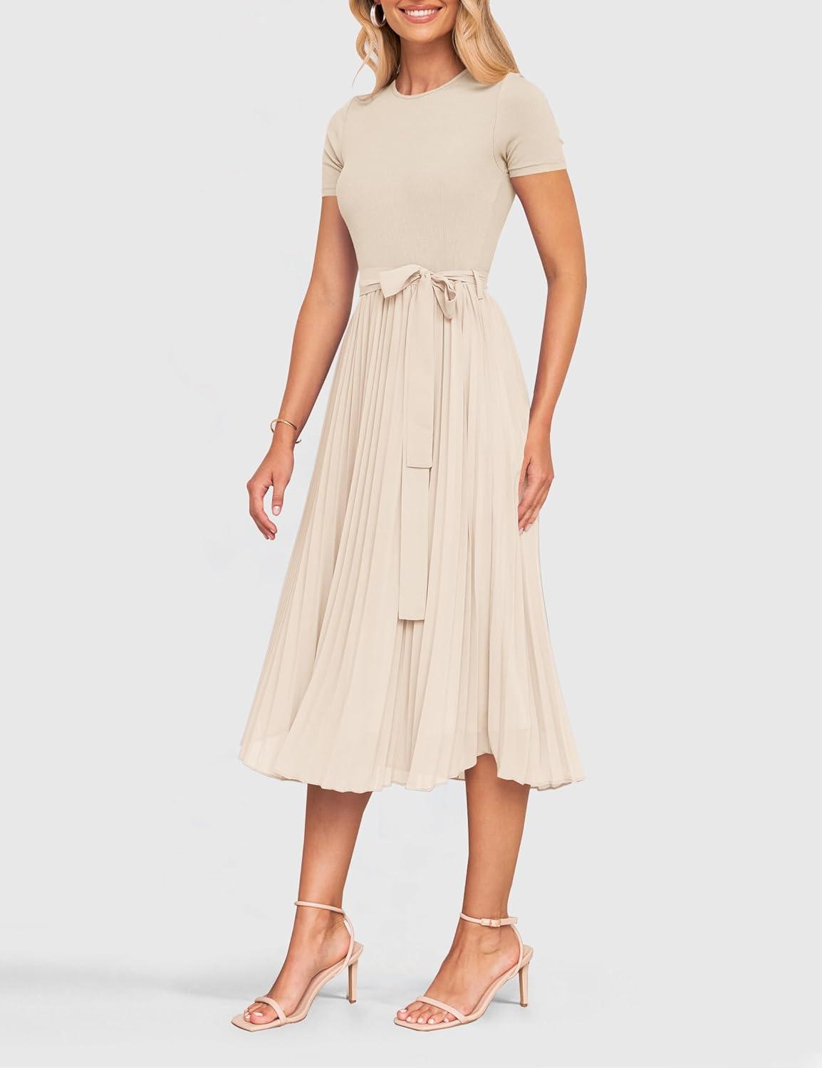 imageZESICA Womens 2026 Summer Short Sleeve Midi Dresses Casual Crew Neck Knit Belted Pleated A Line Flowy Wedding Guest DressApricot