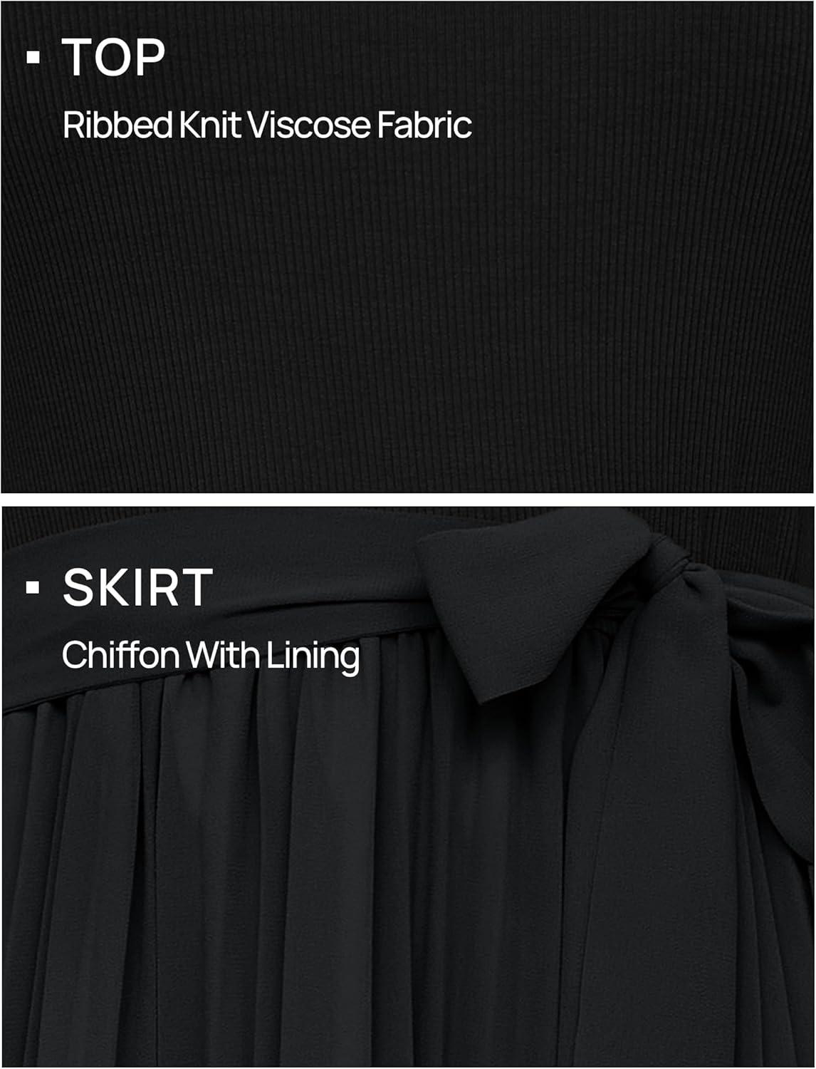 imageZESICA Womens 2026 Summer Short Sleeve Midi Dresses Casual Crew Neck Knit Belted Pleated A Line Flowy Wedding Guest DressBlack