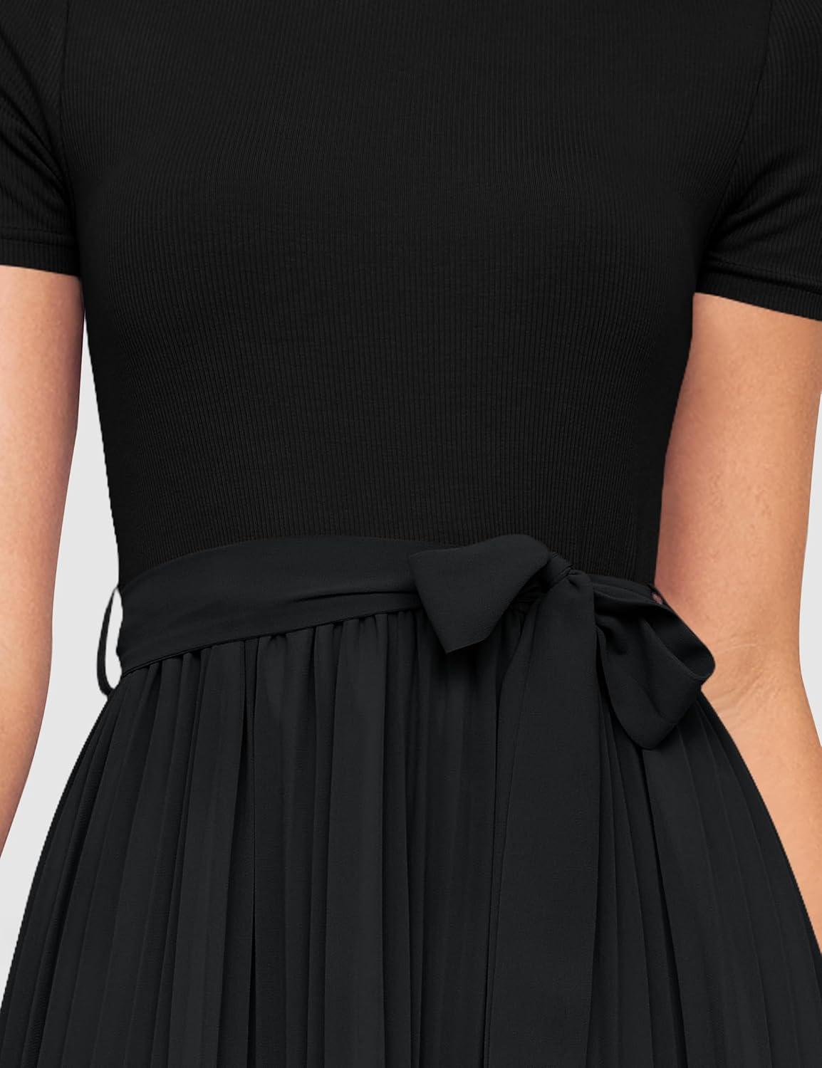 imageZESICA Womens 2026 Summer Short Sleeve Midi Dresses Casual Crew Neck Knit Belted Pleated A Line Flowy Wedding Guest DressBlack