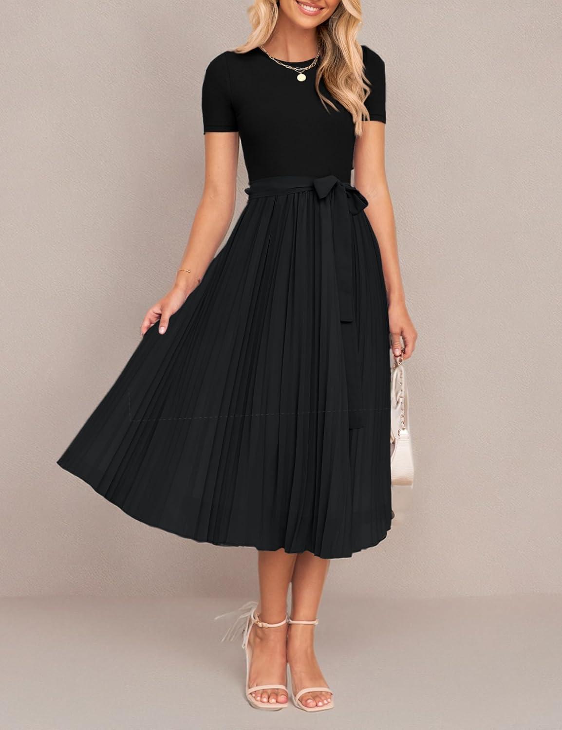 imageZESICA Womens 2026 Summer Short Sleeve Midi Dresses Casual Crew Neck Knit Belted Pleated A Line Flowy Wedding Guest DressBlack
