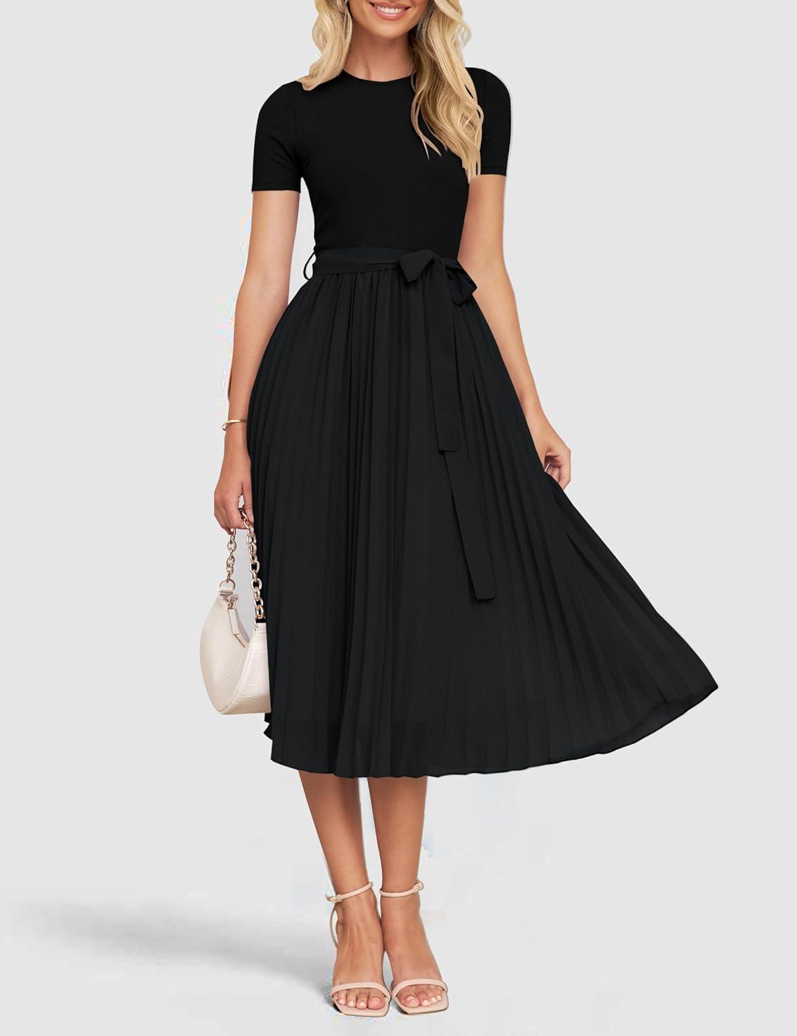 imageZESICA Womens 2026 Summer Short Sleeve Midi Dresses Casual Crew Neck Knit Belted Pleated A Line Flowy Wedding Guest DressBlack