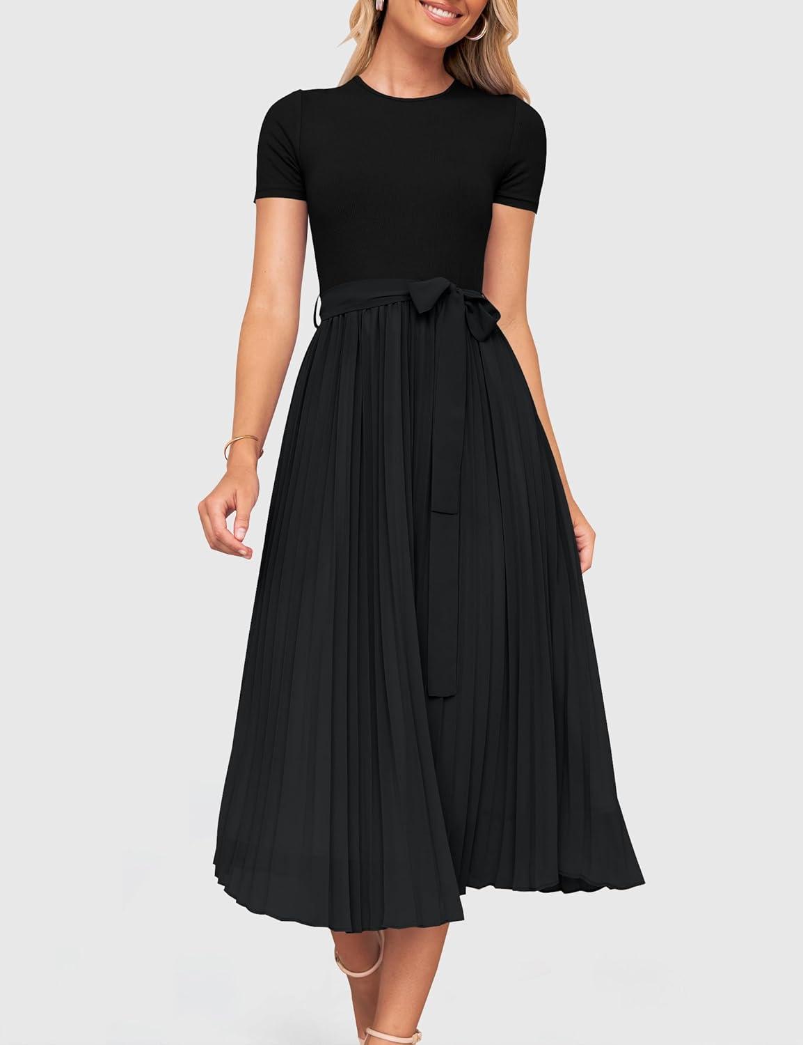 imageZESICA Womens 2026 Summer Short Sleeve Midi Dresses Casual Crew Neck Knit Belted Pleated A Line Flowy Wedding Guest DressBlack