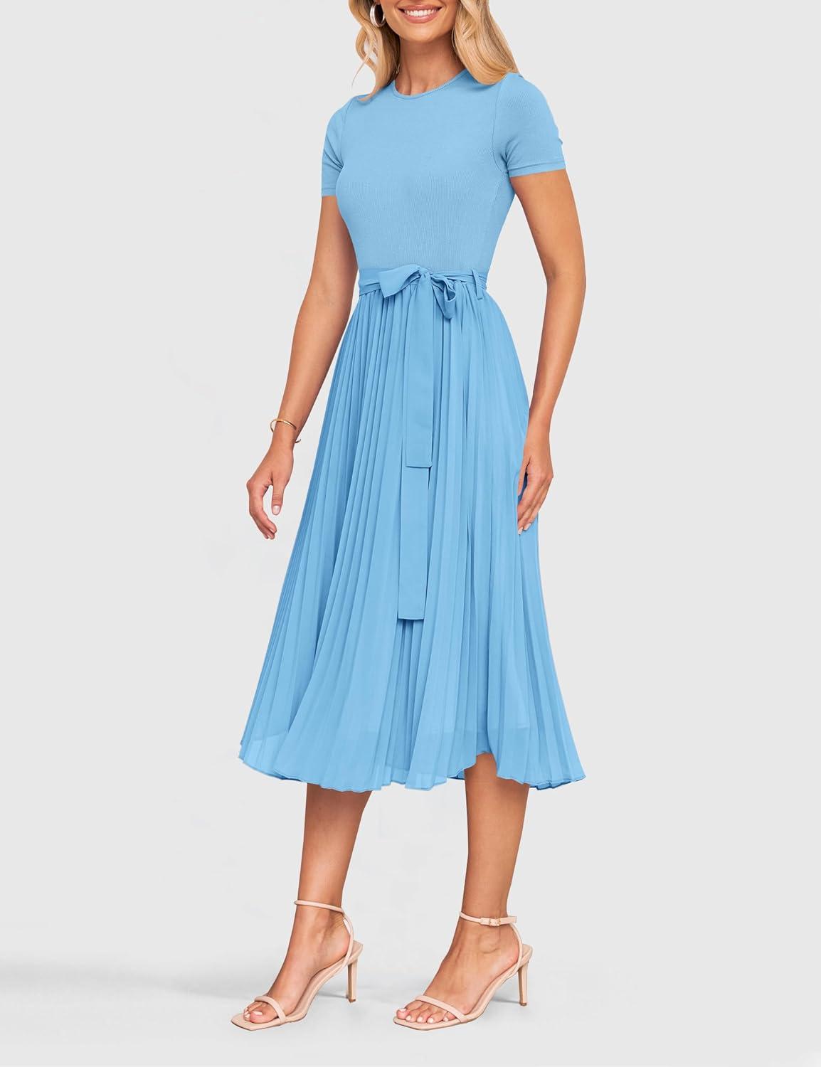 imageZESICA Womens 2026 Summer Short Sleeve Midi Dresses Casual Crew Neck Knit Belted Pleated A Line Flowy Wedding Guest DressLightblue