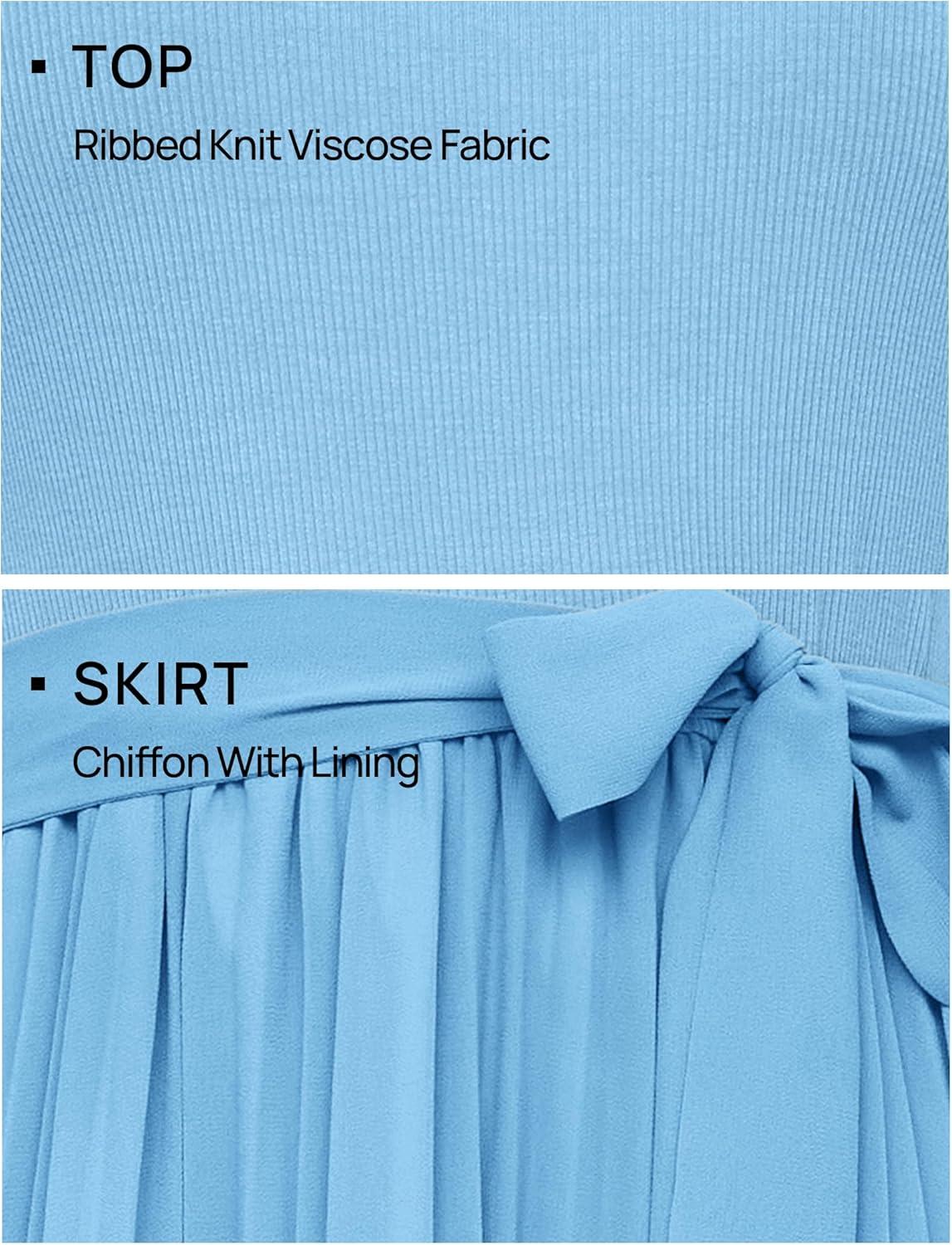 imageZESICA Womens 2026 Summer Short Sleeve Midi Dresses Casual Crew Neck Knit Belted Pleated A Line Flowy Wedding Guest DressLightblue