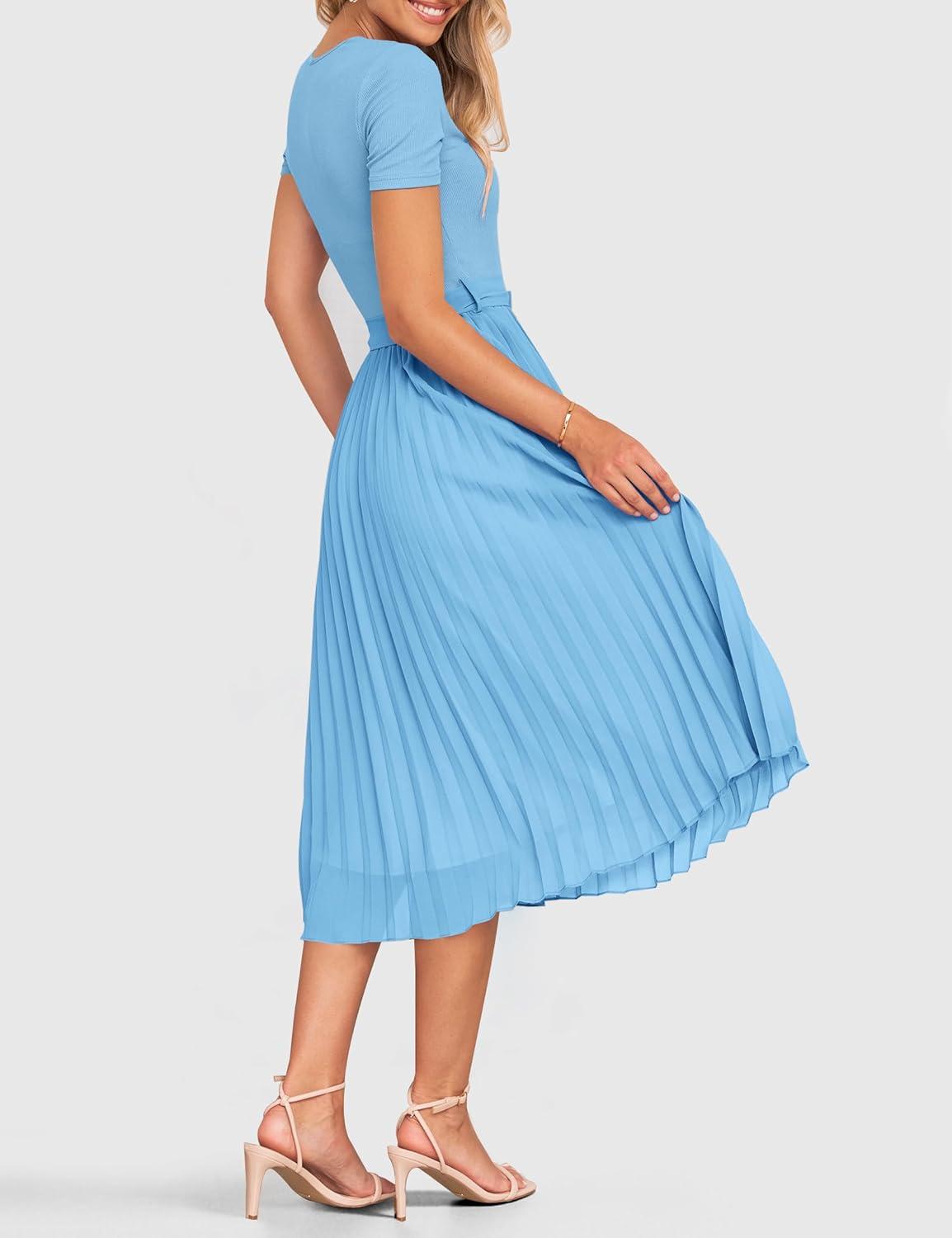 imageZESICA Womens 2026 Summer Short Sleeve Midi Dresses Casual Crew Neck Knit Belted Pleated A Line Flowy Wedding Guest DressLightblue