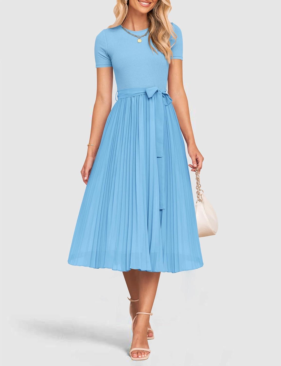 imageZESICA Womens 2026 Summer Short Sleeve Midi Dresses Casual Crew Neck Knit Belted Pleated A Line Flowy Wedding Guest DressLightblue
