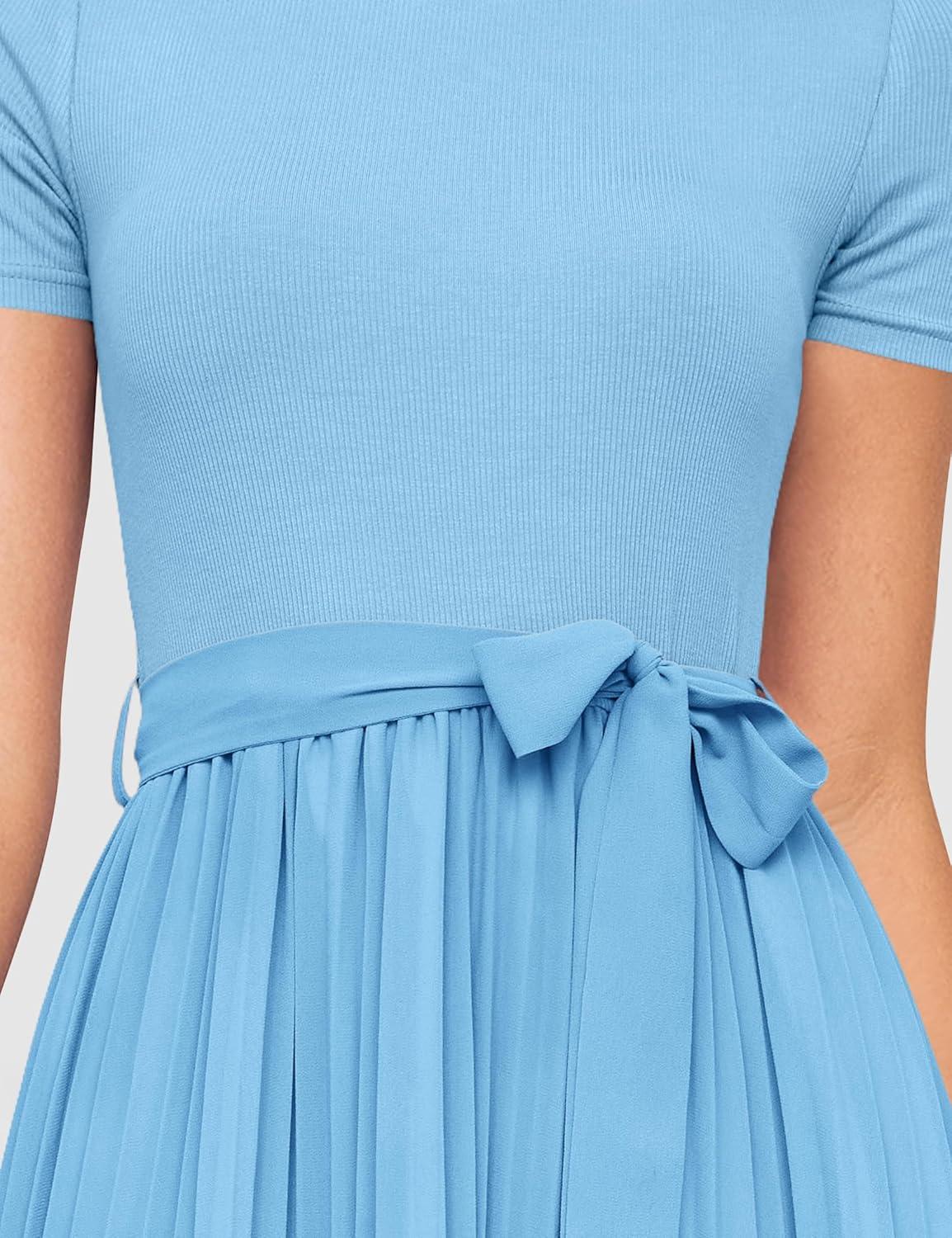 imageZESICA Womens 2026 Summer Short Sleeve Midi Dresses Casual Crew Neck Knit Belted Pleated A Line Flowy Wedding Guest DressLightblue
