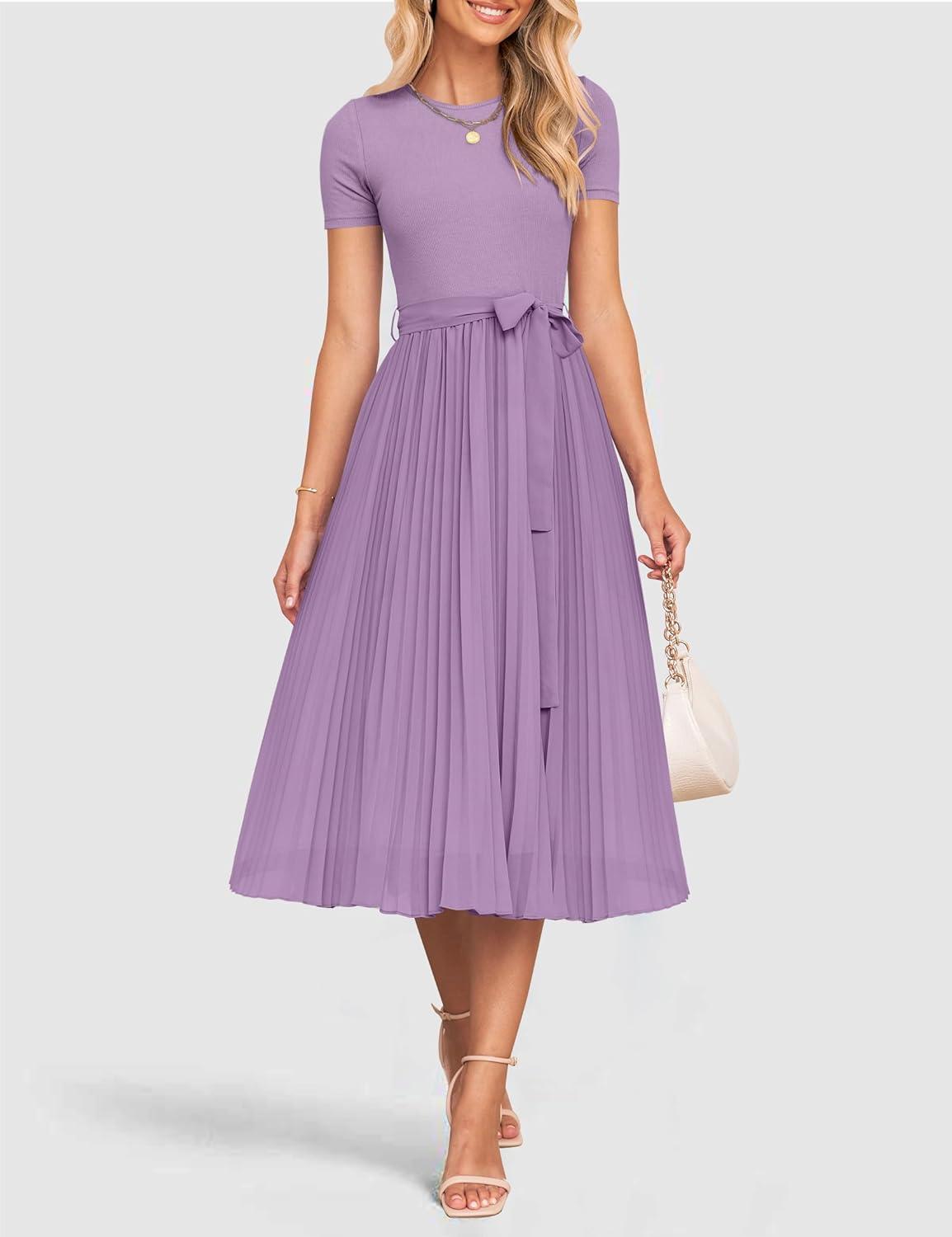 imageZESICA Womens 2026 Summer Short Sleeve Midi Dresses Casual Crew Neck Knit Belted Pleated A Line Flowy Wedding Guest DressPurple