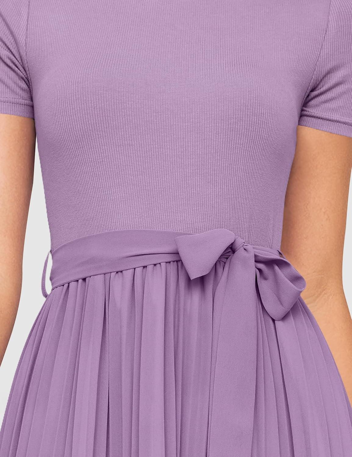 imageZESICA Womens 2026 Summer Short Sleeve Midi Dresses Casual Crew Neck Knit Belted Pleated A Line Flowy Wedding Guest DressPurple