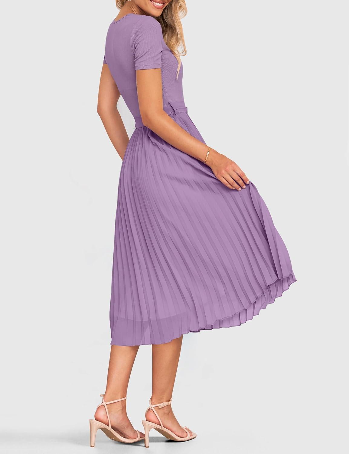 imageZESICA Womens 2026 Summer Short Sleeve Midi Dresses Casual Crew Neck Knit Belted Pleated A Line Flowy Wedding Guest DressPurple