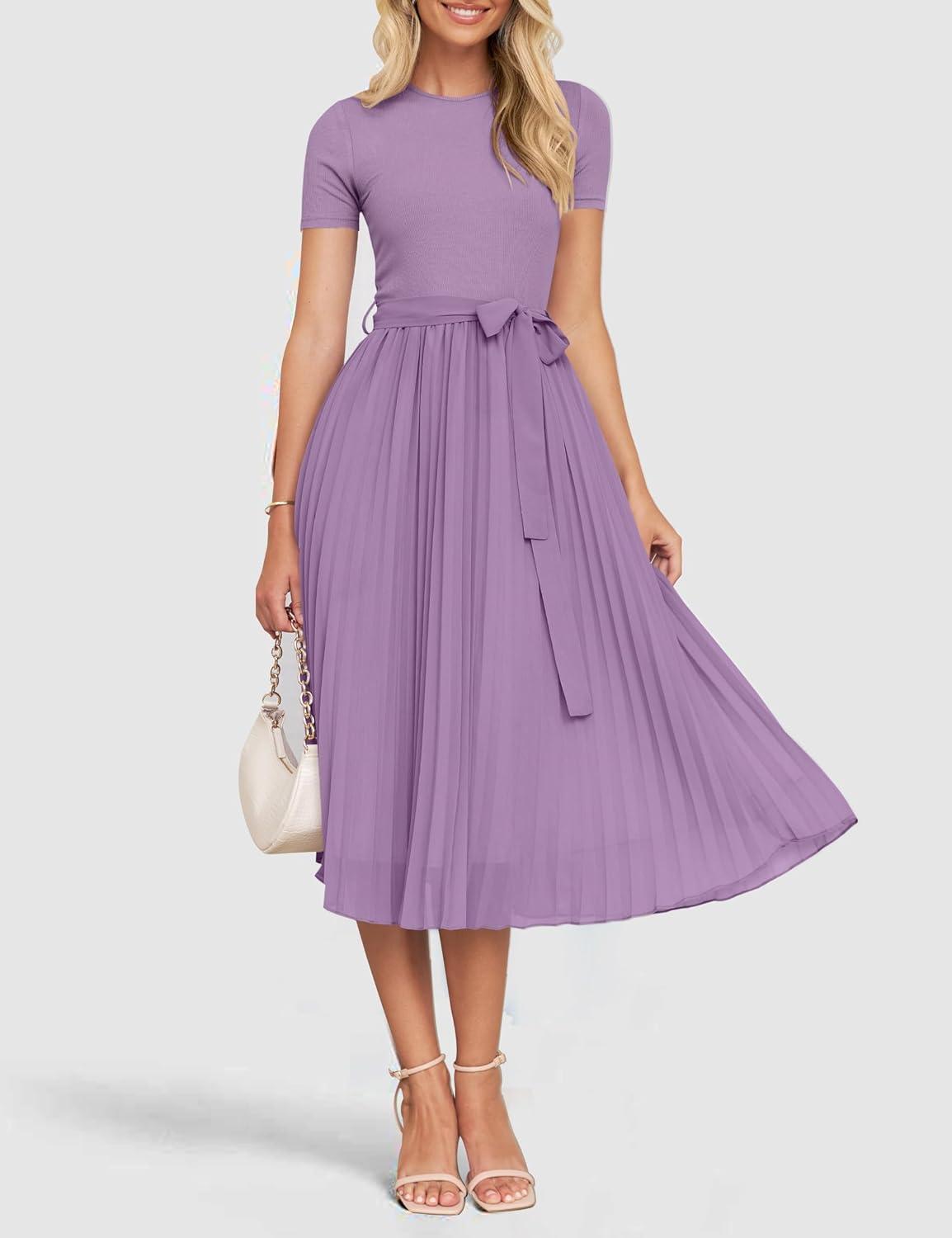 imageZESICA Womens 2026 Summer Short Sleeve Midi Dresses Casual Crew Neck Knit Belted Pleated A Line Flowy Wedding Guest DressPurple