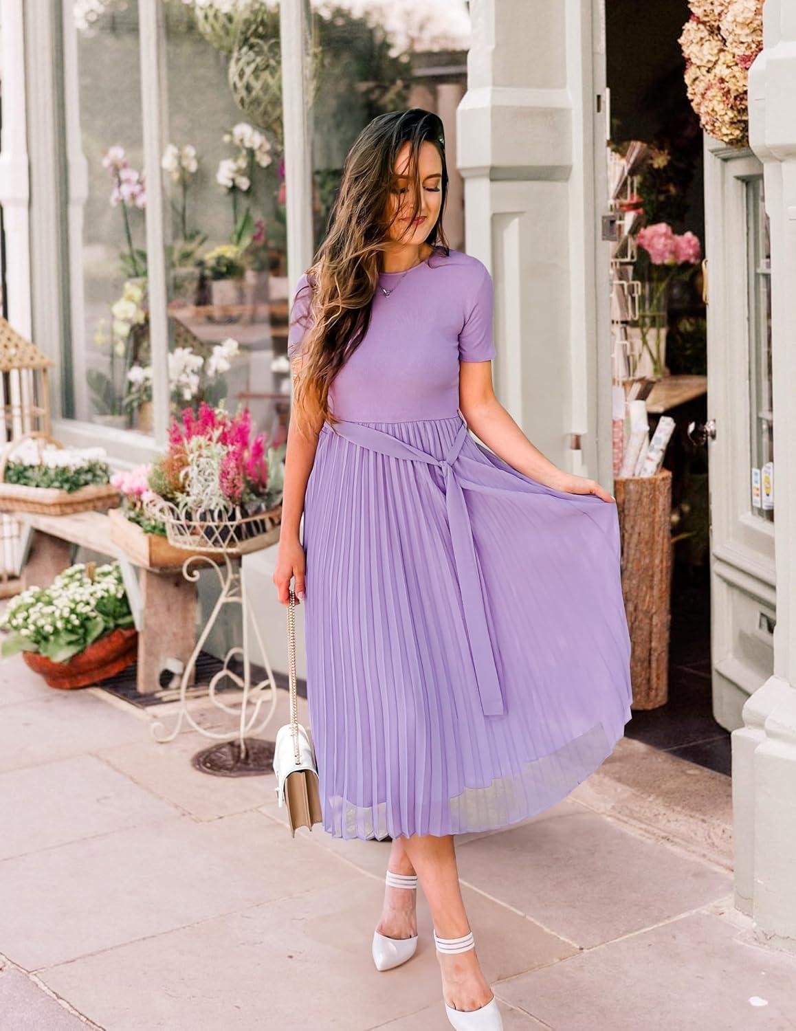 imageZESICA Womens 2026 Summer Short Sleeve Midi Dresses Casual Crew Neck Knit Belted Pleated A Line Flowy Wedding Guest DressPurple