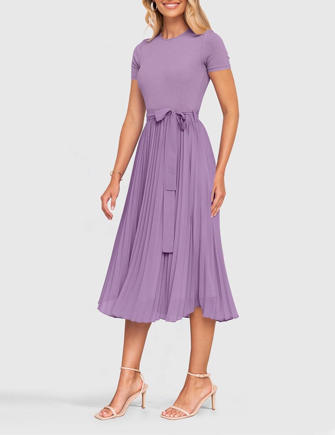 imageZESICA Womens 2026 Summer Short Sleeve Midi Dresses Casual Crew Neck Knit Belted Pleated A Line Flowy Wedding Guest DressPurple