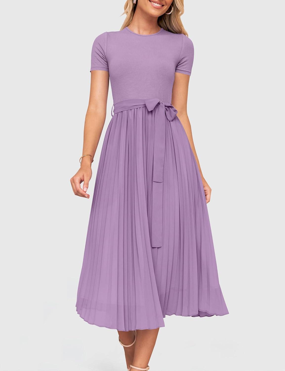 imageZESICA Womens 2026 Summer Short Sleeve Midi Dresses Casual Crew Neck Knit Belted Pleated A Line Flowy Wedding Guest DressPurple