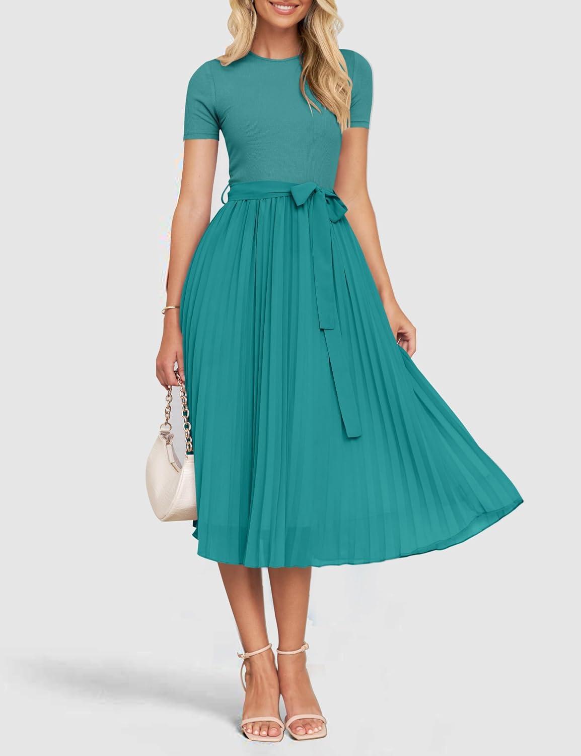 imageZESICA Womens 2026 Summer Short Sleeve Midi Dresses Casual Crew Neck Knit Belted Pleated A Line Flowy Wedding Guest DressTurquoise