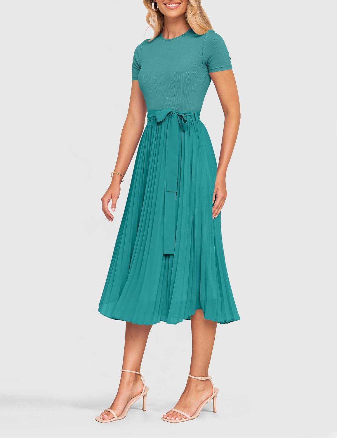imageZESICA Womens 2026 Summer Short Sleeve Midi Dresses Casual Crew Neck Knit Belted Pleated A Line Flowy Wedding Guest DressTurquoise