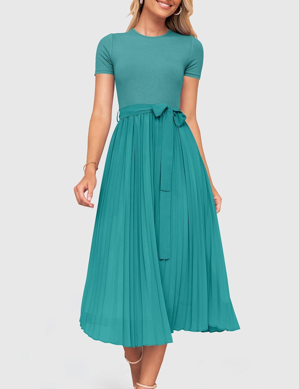 imageZESICA Womens 2026 Summer Short Sleeve Midi Dresses Casual Crew Neck Knit Belted Pleated A Line Flowy Wedding Guest DressTurquoise