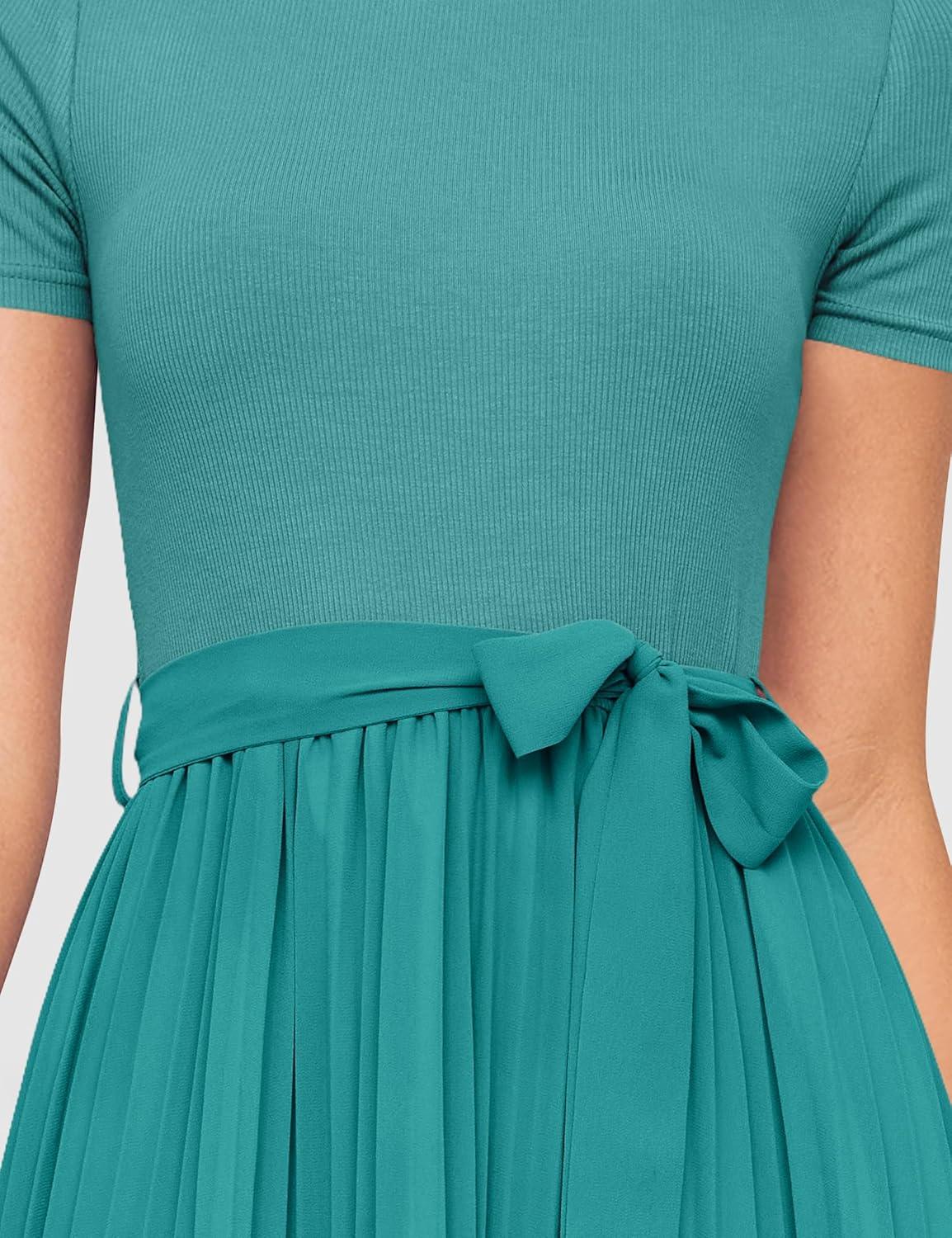 imageZESICA Womens 2026 Summer Short Sleeve Midi Dresses Casual Crew Neck Knit Belted Pleated A Line Flowy Wedding Guest DressTurquoise