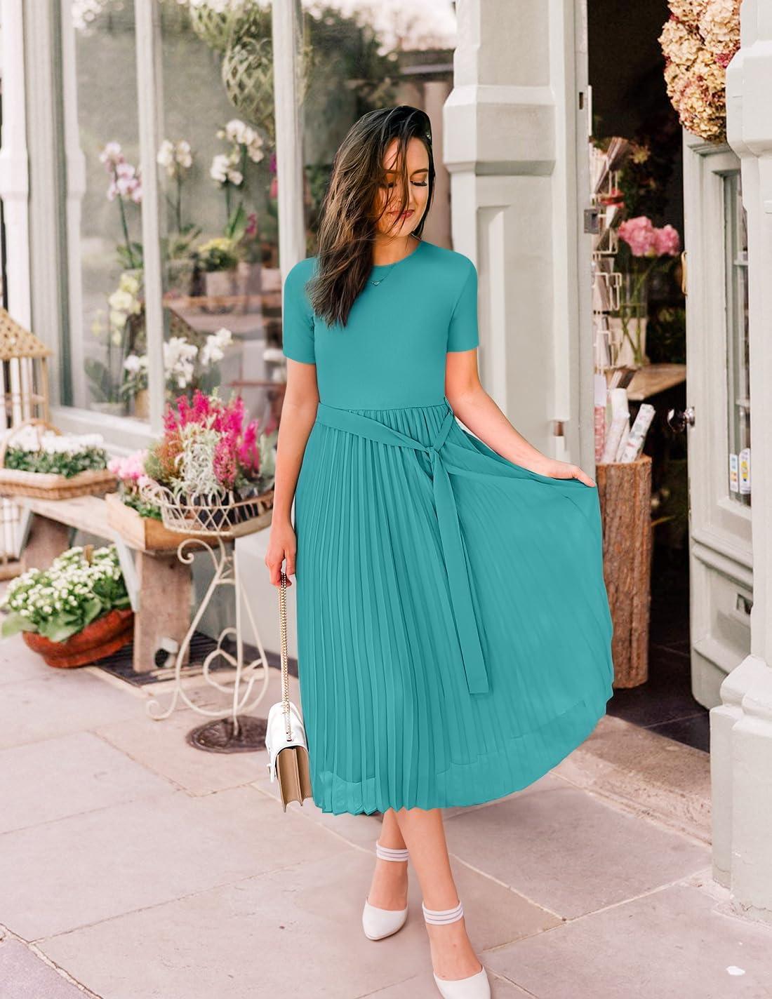 imageZESICA Womens 2026 Summer Short Sleeve Midi Dresses Casual Crew Neck Knit Belted Pleated A Line Flowy Wedding Guest DressTurquoise