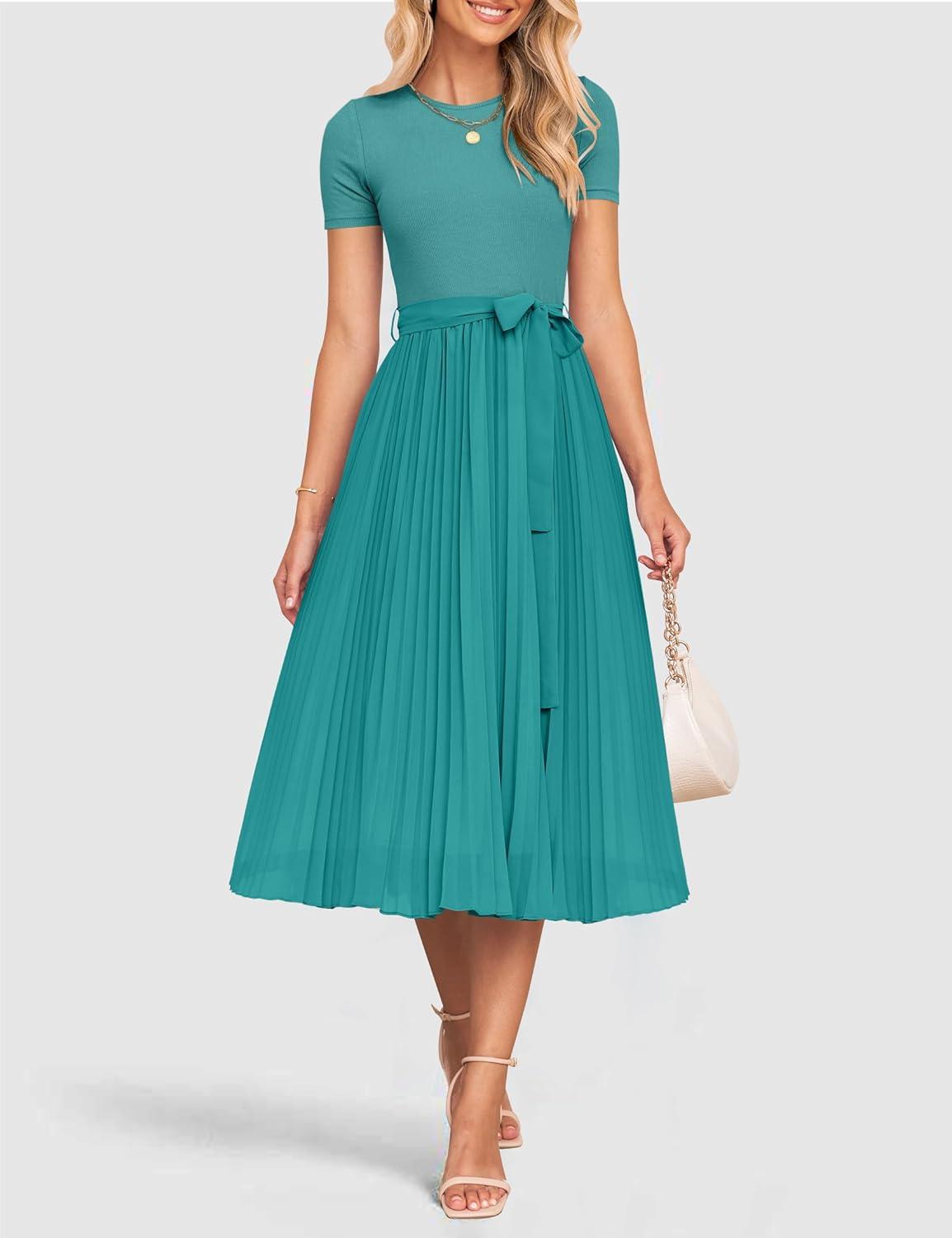 imageZESICA Womens 2026 Summer Short Sleeve Midi Dresses Casual Crew Neck Knit Belted Pleated A Line Flowy Wedding Guest DressTurquoise