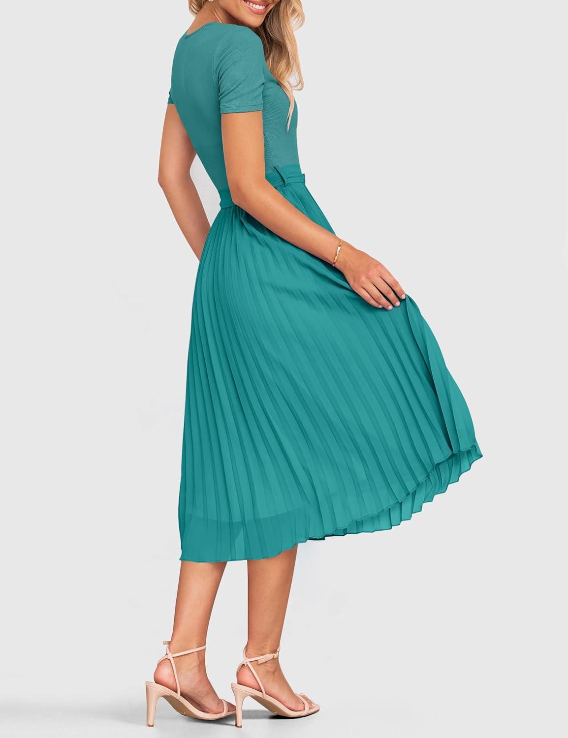 imageZESICA Womens 2026 Summer Short Sleeve Midi Dresses Casual Crew Neck Knit Belted Pleated A Line Flowy Wedding Guest DressTurquoise