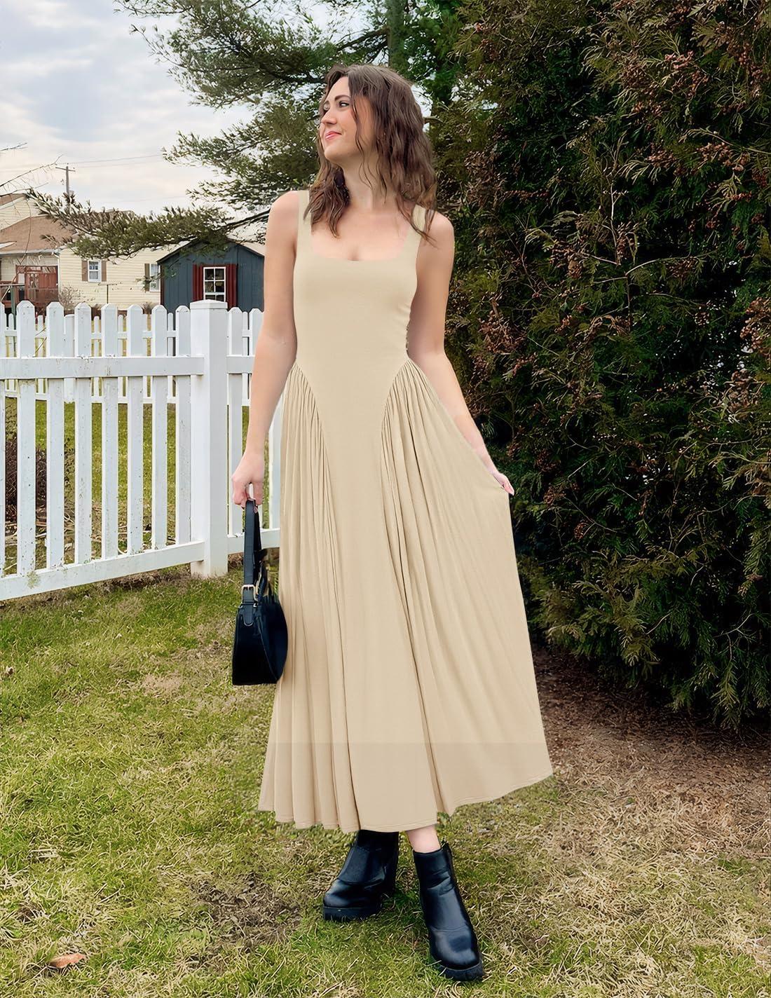 imageZESICA Womens 2026 Summer Sleeveless Square Neck Sundress Casual Long Flowy A Line Beach Vacation Maxi DressesApricot