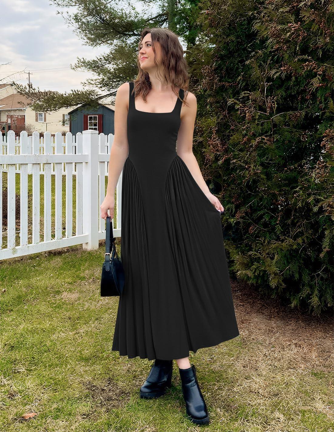 imageZESICA Womens 2026 Summer Sleeveless Square Neck Sundress Casual Long Flowy A Line Beach Vacation Maxi DressesBlack