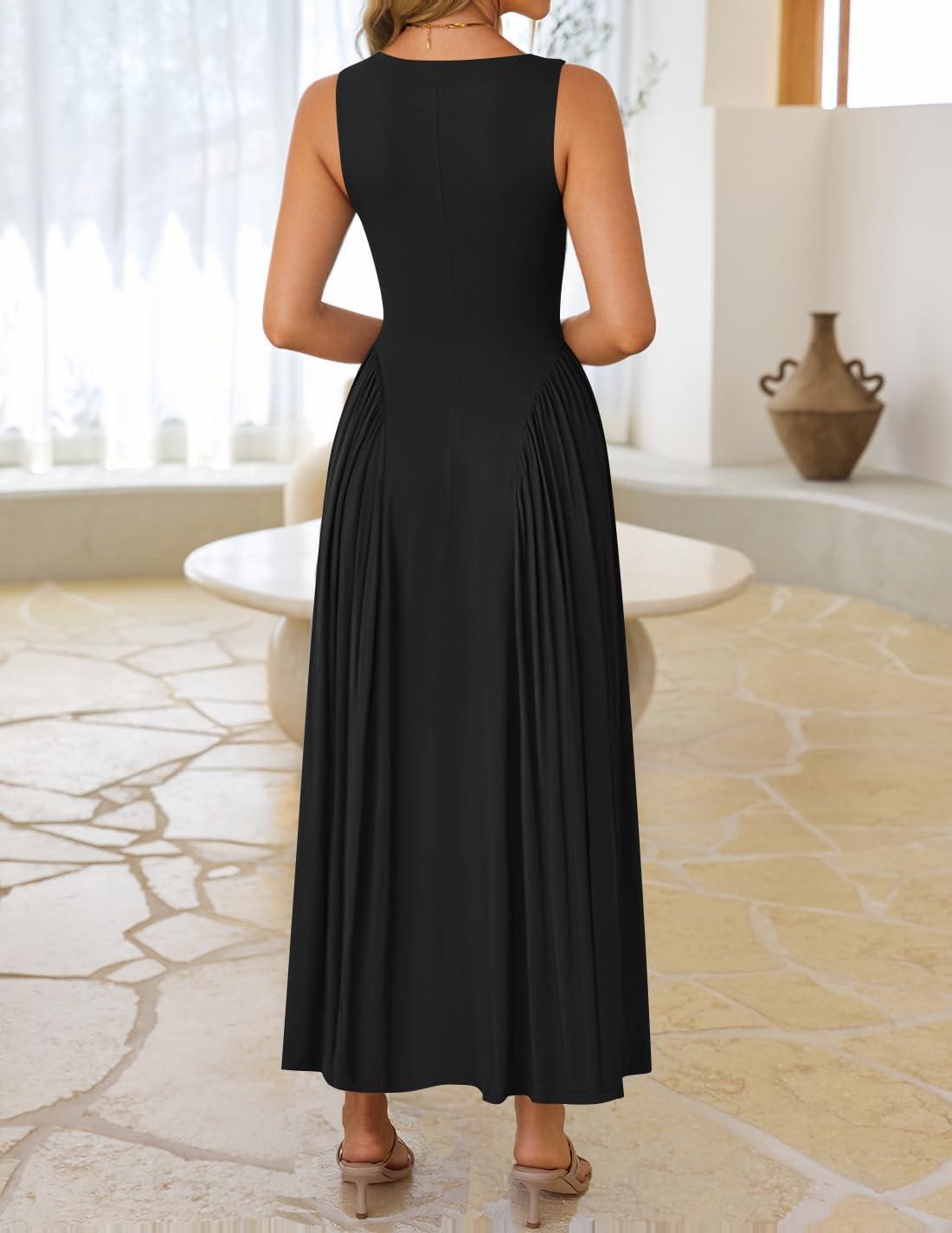 imageZESICA Womens 2026 Summer Sleeveless Square Neck Sundress Casual Long Flowy A Line Beach Vacation Maxi DressesBlack
