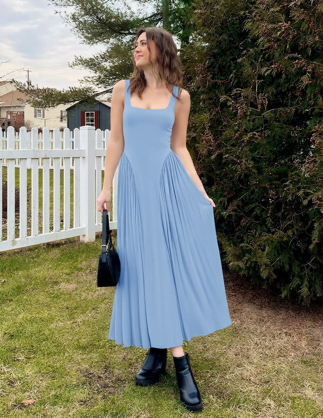 imageZESICA Womens 2026 Summer Sleeveless Square Neck Sundress Casual Long Flowy A Line Beach Vacation Maxi DressesBlue