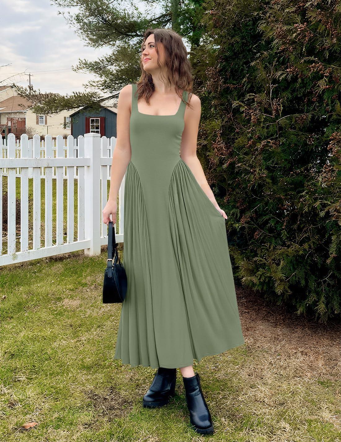 imageZESICA Womens 2026 Summer Sleeveless Square Neck Sundress Casual Long Flowy A Line Beach Vacation Maxi DressesGreen