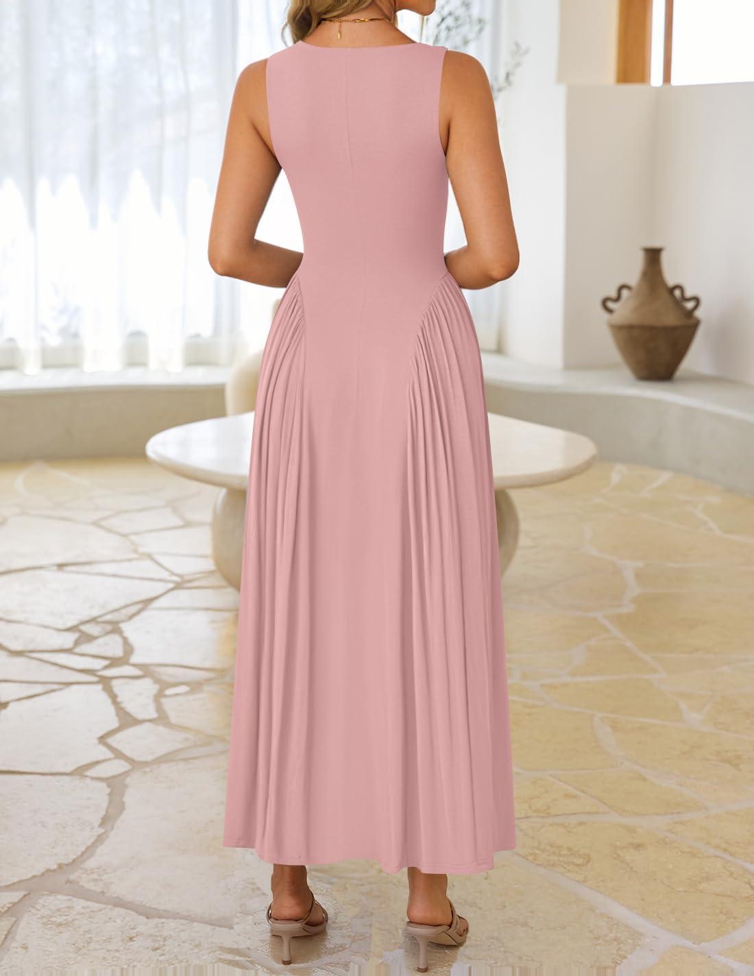 imageZESICA Womens 2026 Summer Sleeveless Square Neck Sundress Casual Long Flowy A Line Beach Vacation Maxi DressesGreypink
