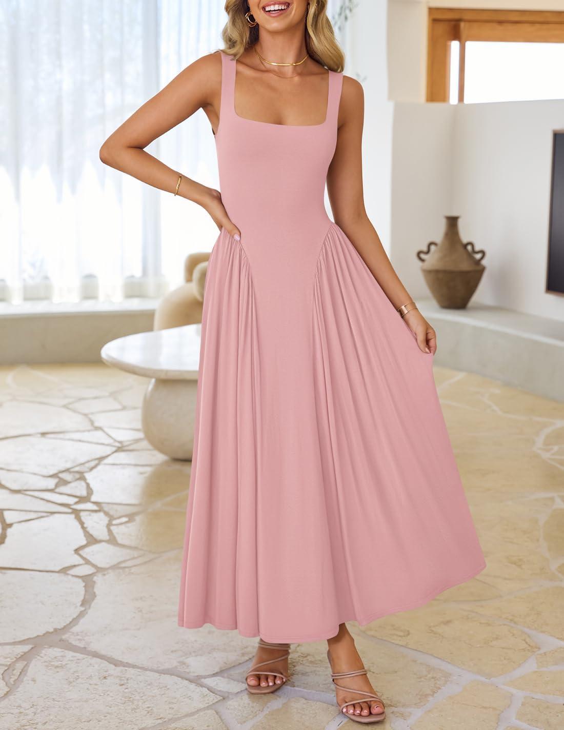 imageZESICA Womens 2026 Summer Sleeveless Square Neck Sundress Casual Long Flowy A Line Beach Vacation Maxi DressesGreypink