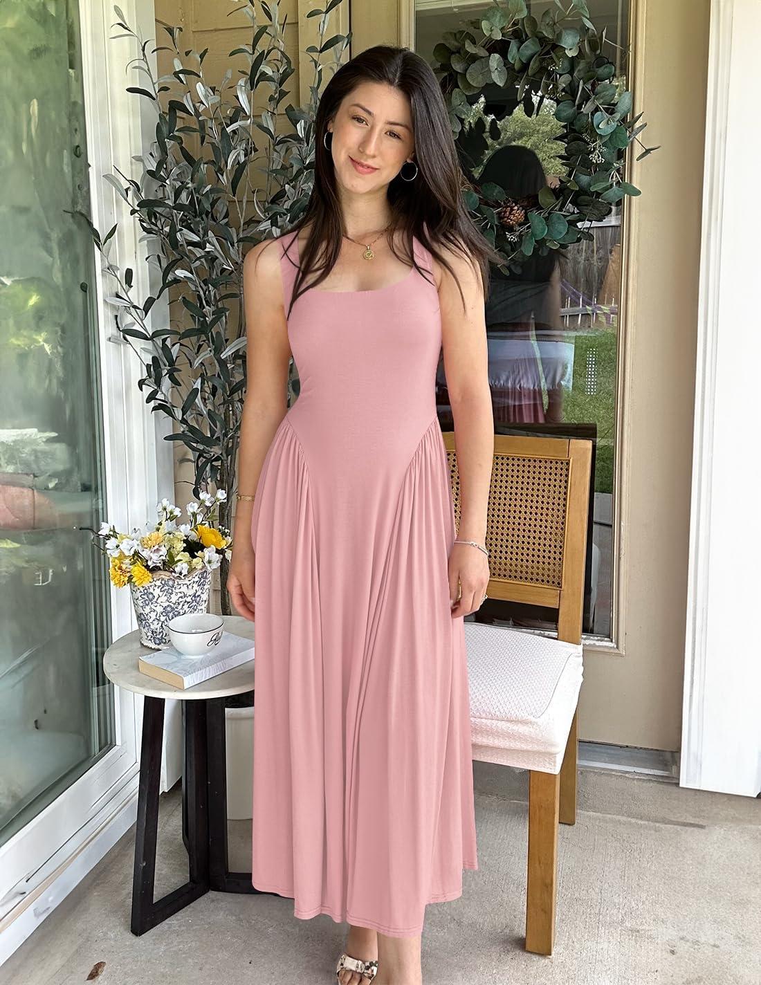 imageZESICA Womens 2026 Summer Sleeveless Square Neck Sundress Casual Long Flowy A Line Beach Vacation Maxi DressesGreypink