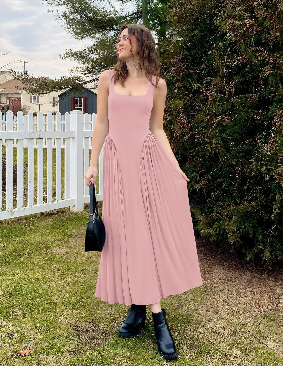 imageZESICA Womens 2026 Summer Sleeveless Square Neck Sundress Casual Long Flowy A Line Beach Vacation Maxi DressesGreypink